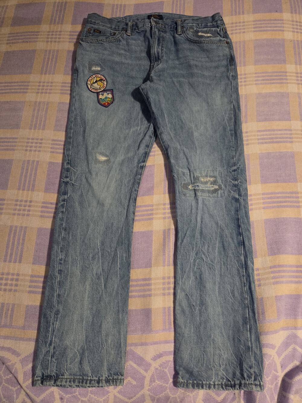 Polo Ralph Lauren Mens Varick Slim Straight Distressed Embroidered Patched Jeans